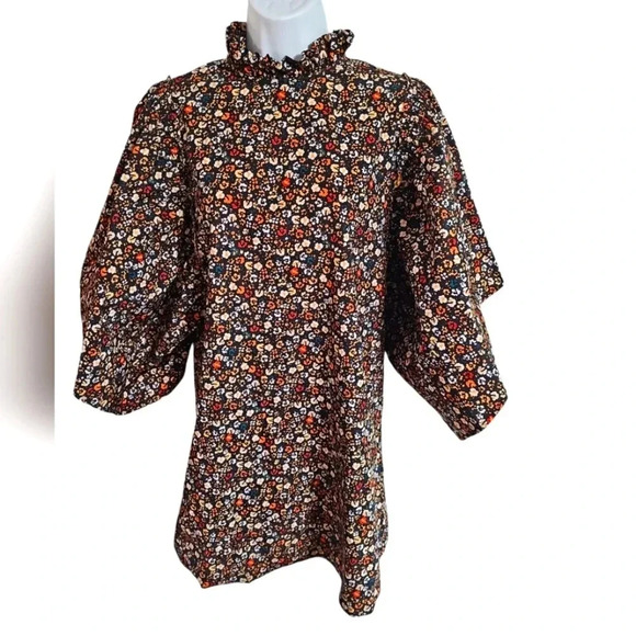 Zara Small Black Cottagecore Floral Mini Dress Ruffle Neck Boho Bell Sleeve - Picture 1 of 7